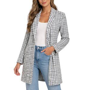 Melloday Black White Plaid Open Front Cotton Blend Longline Coat Jacket M